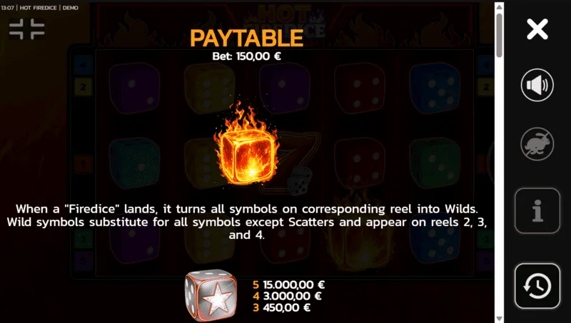 Hot Fire Dice - simboli i Scatter Pays na tabli